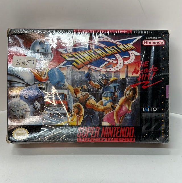 An image of the game, console, or accessory Sonic Blast Man [cib][label rip on cartridge] - (CIB) (Super Nintendo)