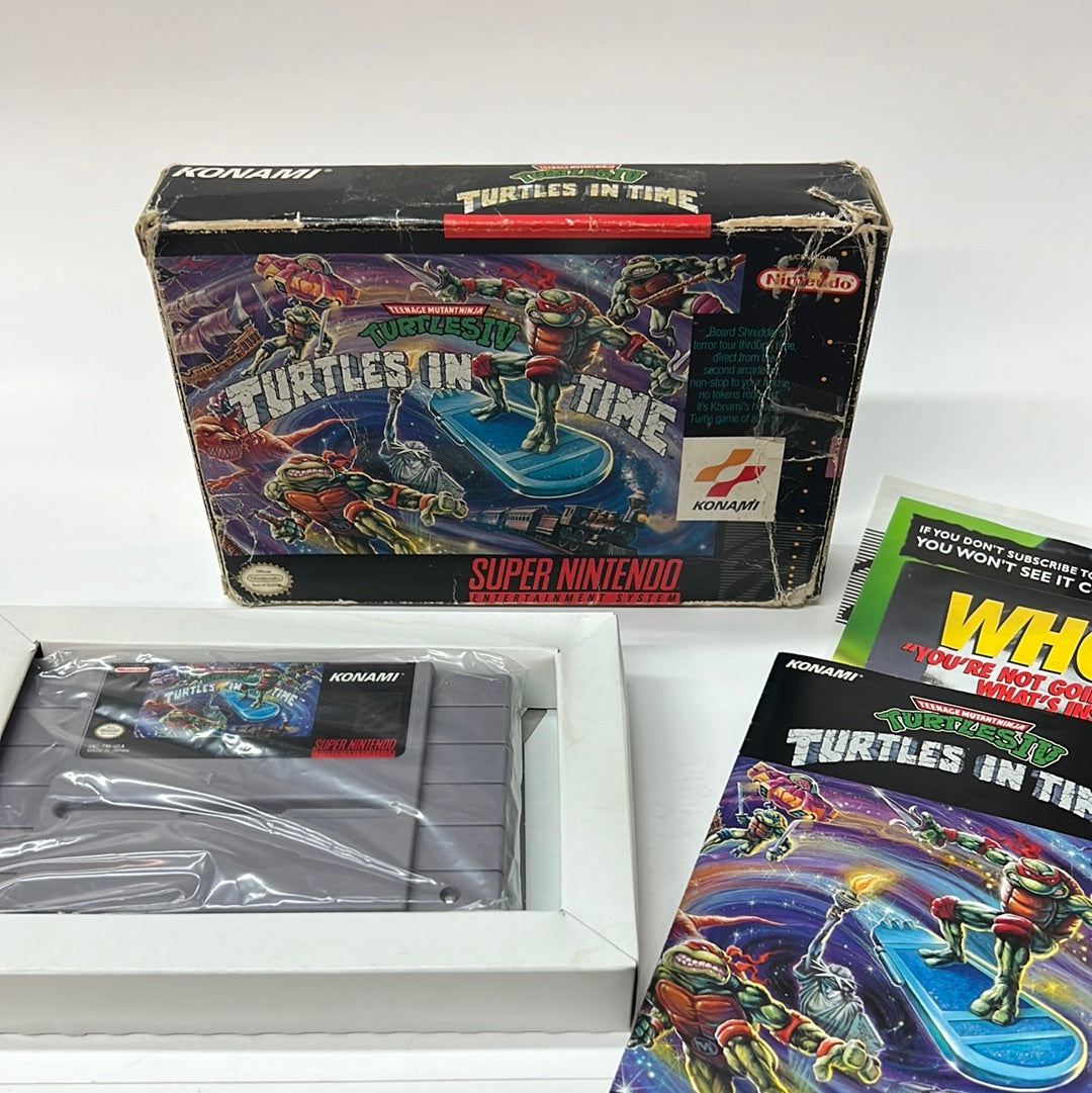 An image of the game, console, or accessory Teenage Mutant Ninja Turtles IV Turtles in Time (very worn box) - (CIB) (Super Nintendo)